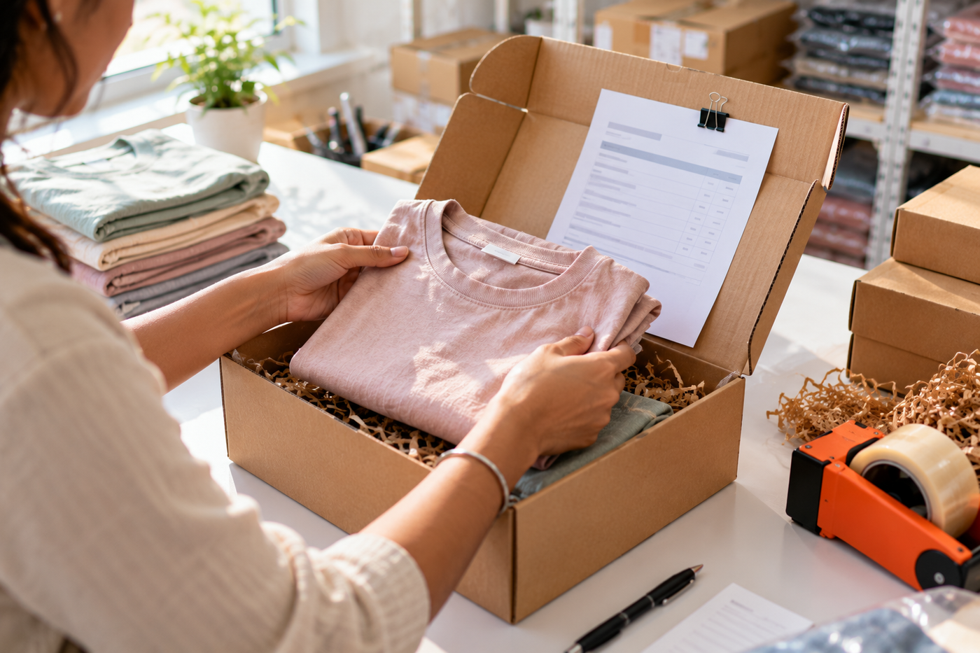 Packer checking items against a packing slip before sealing an ecommerce order