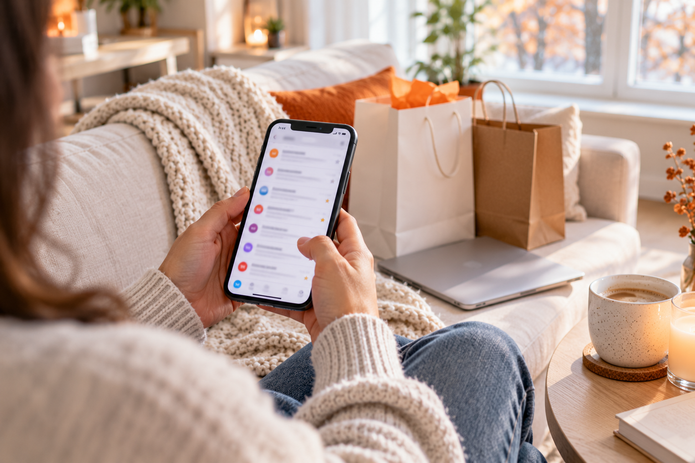 Shopper scrolling through Black Friday sale emails on a phone at home
