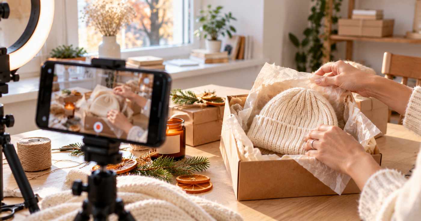Phone on a tripod filming a product unboxing for a Black Friday social media ad