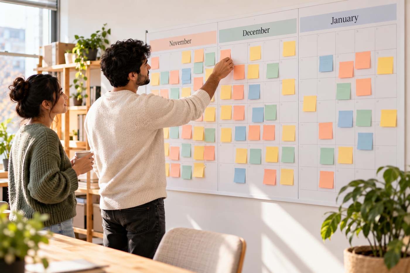 Team planning holiday support coverage on a wall calendar with color-coded notes
