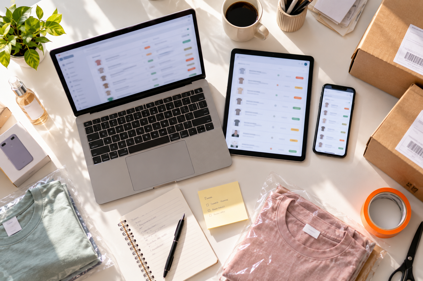 Flat lay of a laptop, tablet and phone showing orders from different sales channels next to packed products