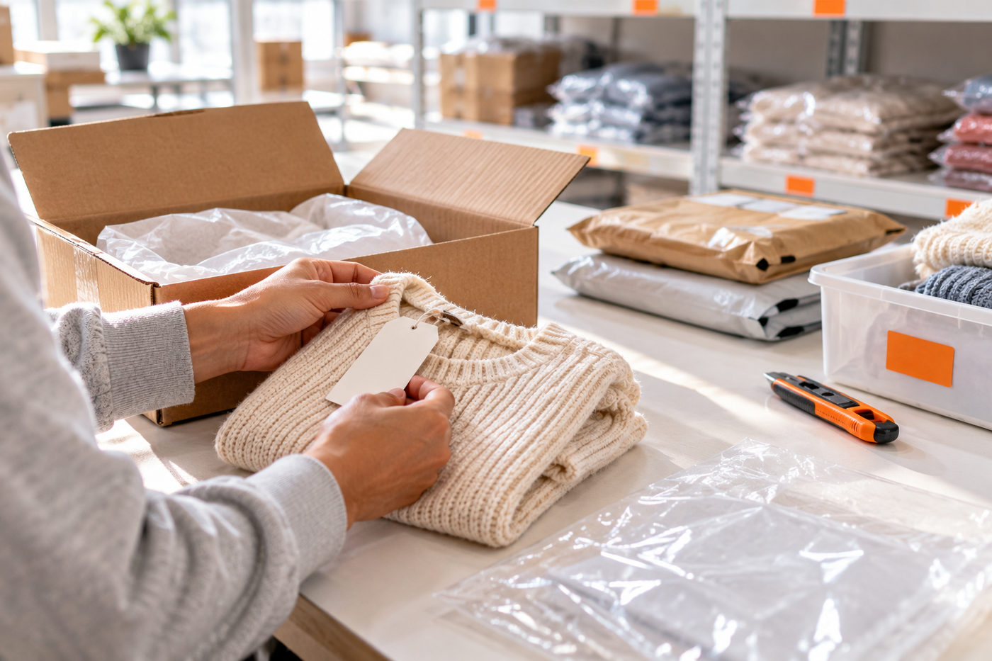 Hands inspecting a returned sweater and its tags before putting it back into stock