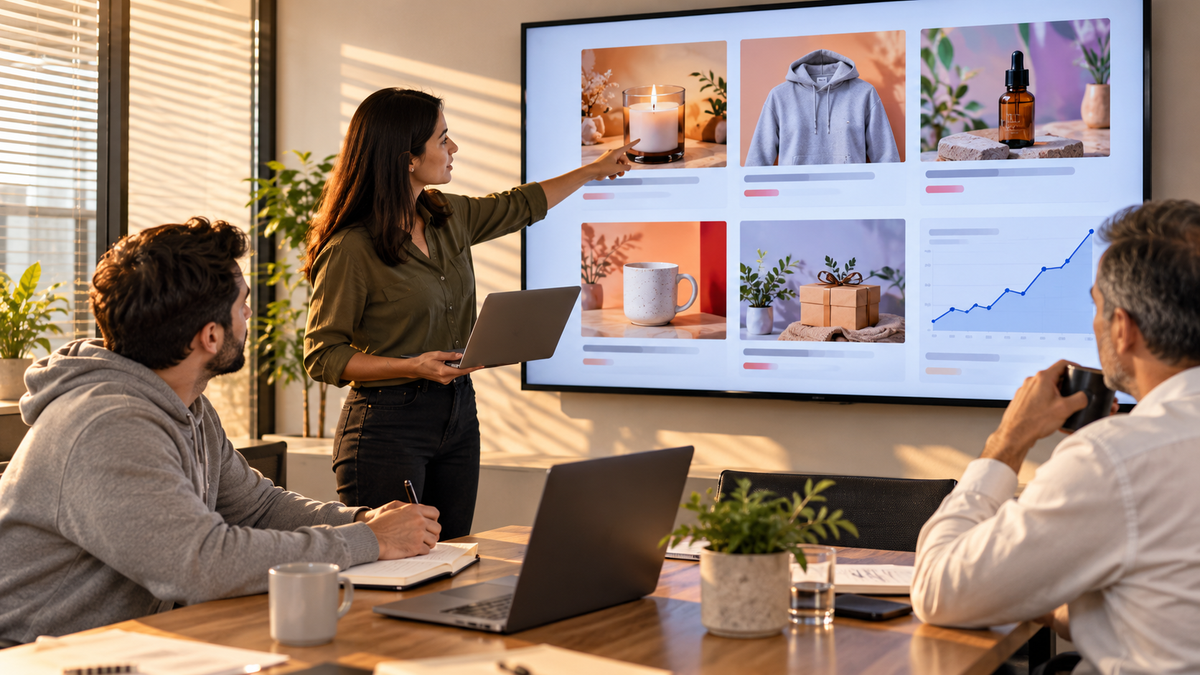 Paid ads team reviewing Black Friday ad creatives and campaign results on a meeting room screen