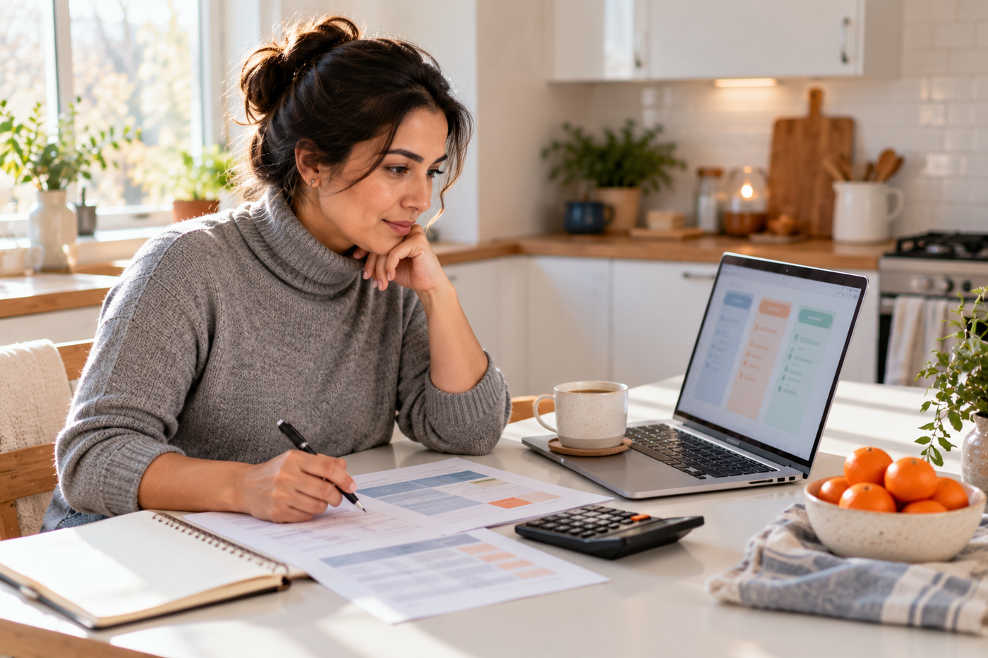 Business owner comparing customer service outsourcing quotes on a laptop at a kitchen table
