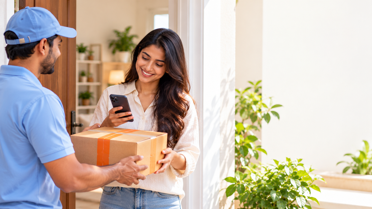 Happy customer checking order tracking on her phone as a delivery partner hands over a parcel