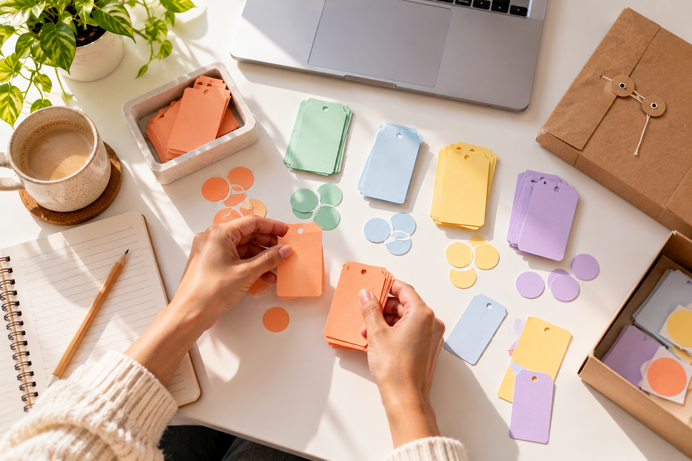 Hands sorting color-coded labels on a desk, representing ticket tags for customer support