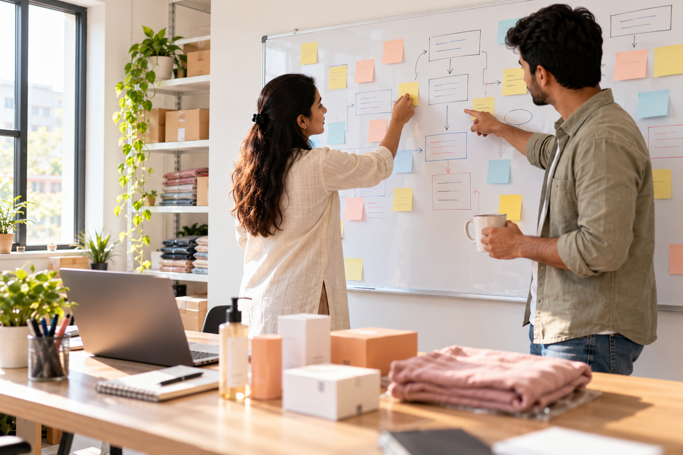 Small ecommerce team mapping out their order workflow on a whiteboard