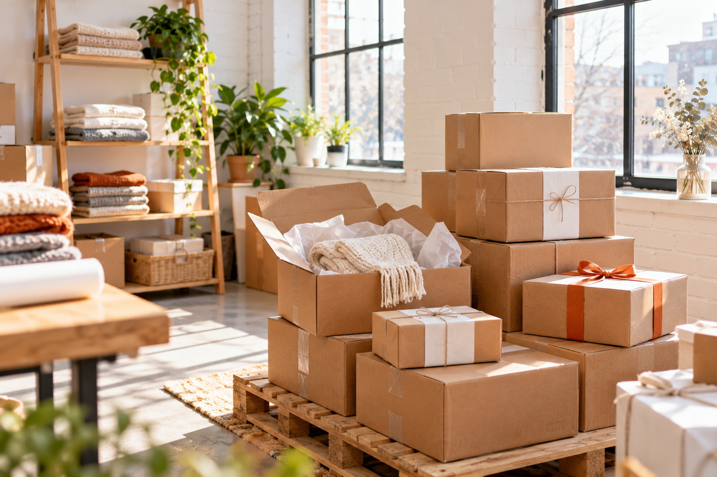 Holiday orders packed and stacked by the door, ready for shipping before the Christmas cut-off