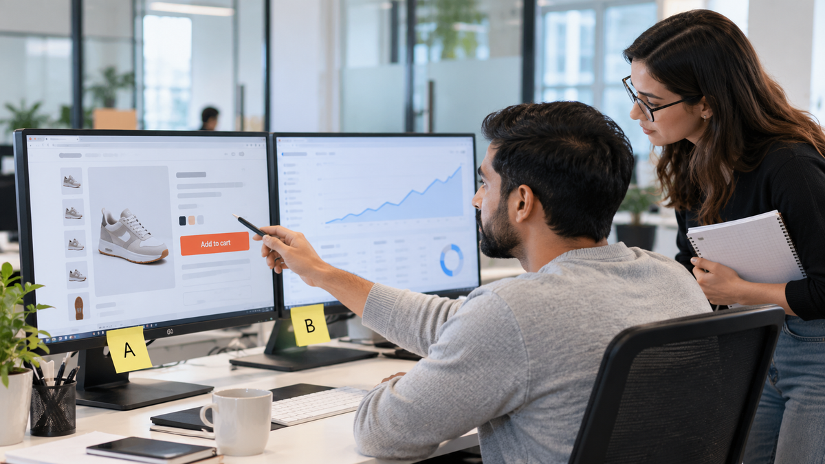 CRO specialist reviewing a Shopify product page and conversion data on two monitors in an office