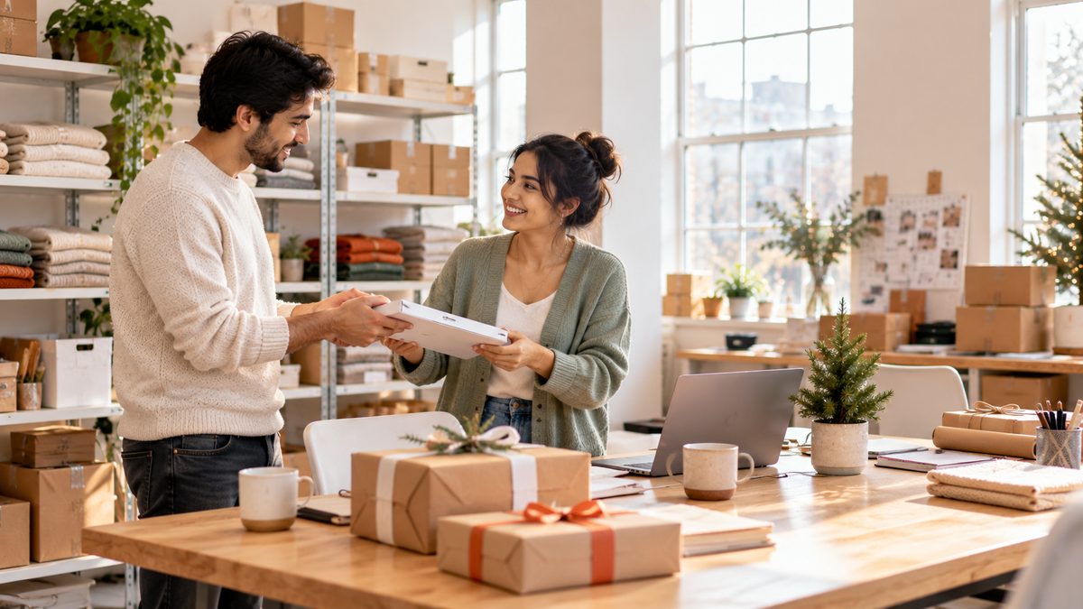 Shopify brand founder handing a support playbook to a new team lead before the holiday rush