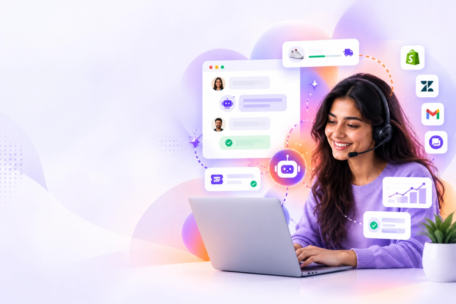 Customer support agent with a headset helping ecommerce customers across chat and email, with Shopify, Zendesk and Gmail icons