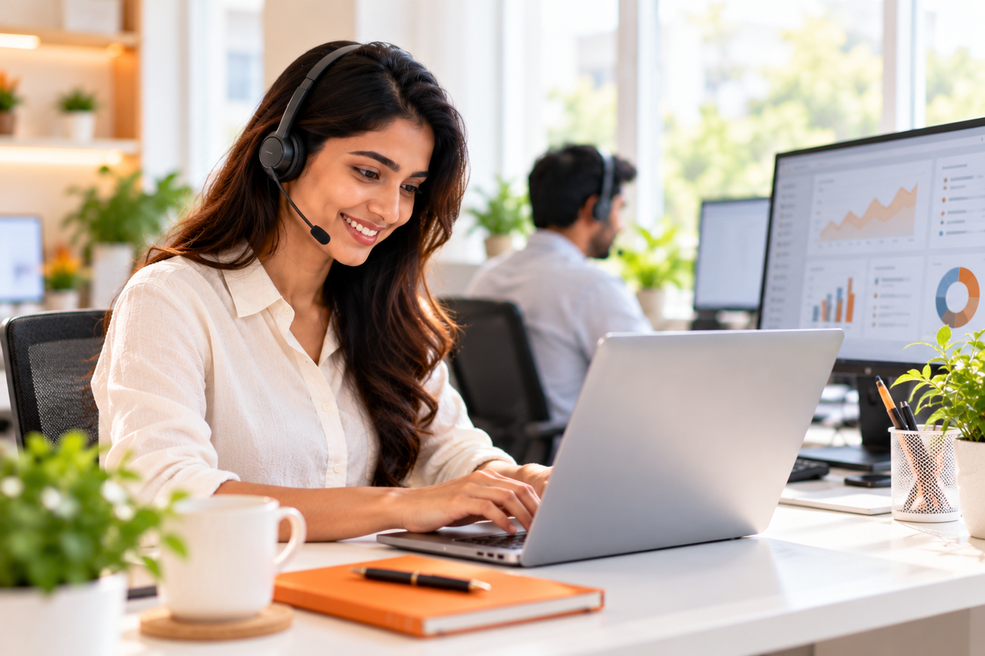Support agent answering order status questions from a helpdesk on a laptop