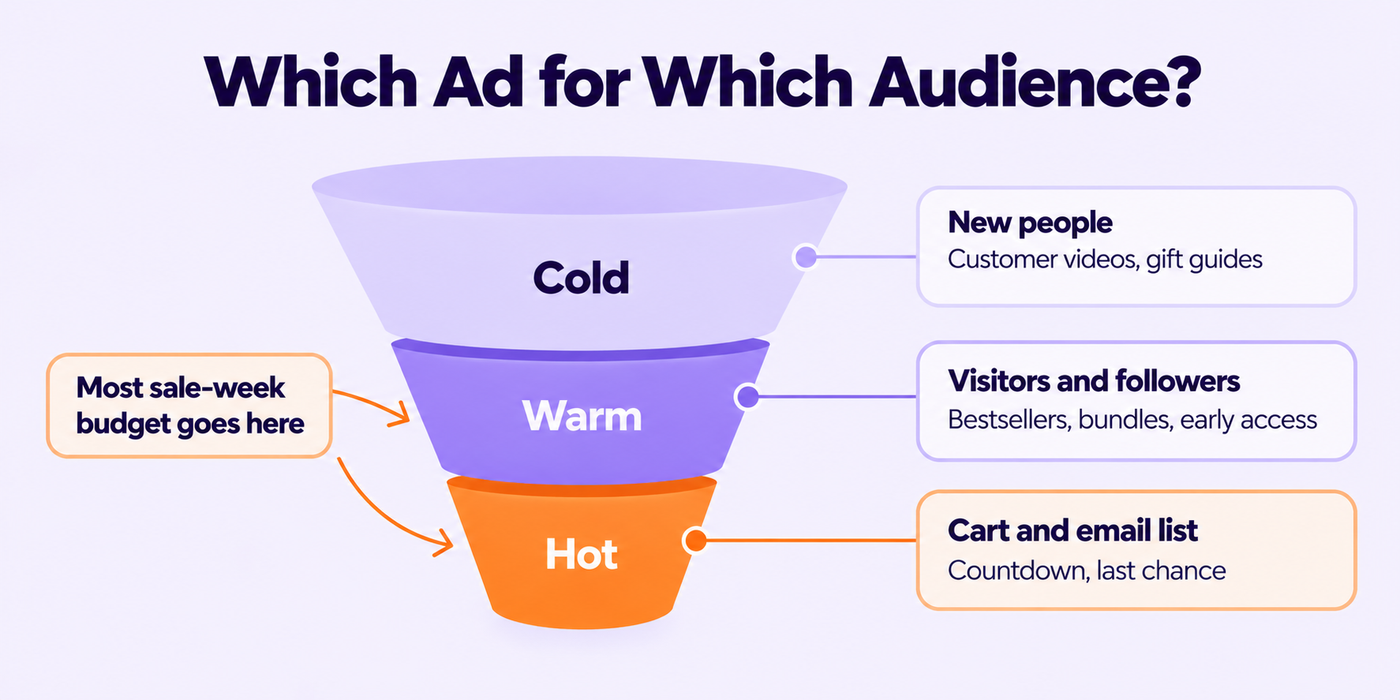Funnel showing cold, warm and hot audiences and the Black Friday ad types to use for each
