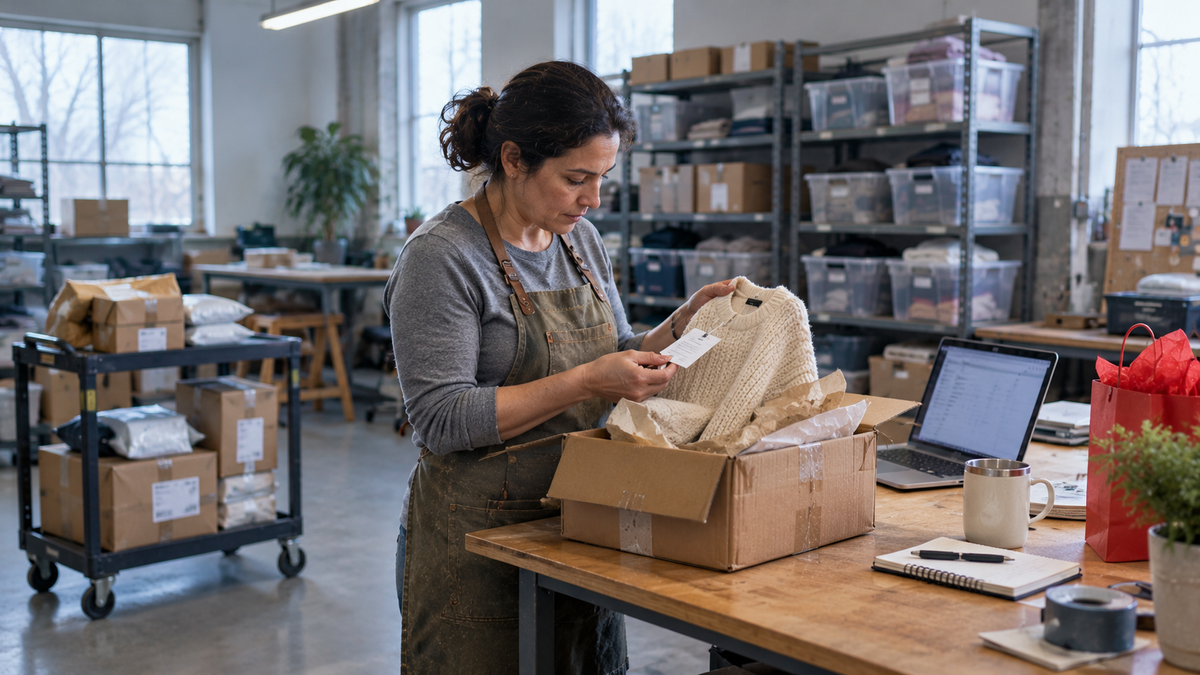Returns team member inspecting a returned holiday sweater at a returns desk in a small warehouse
