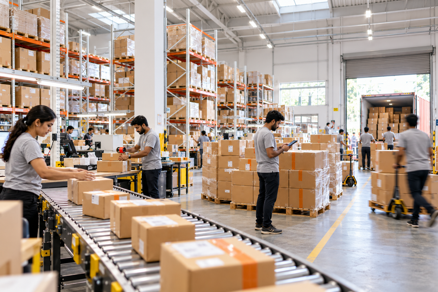 Busy ecommerce warehouse dispatch area during a peak season sale