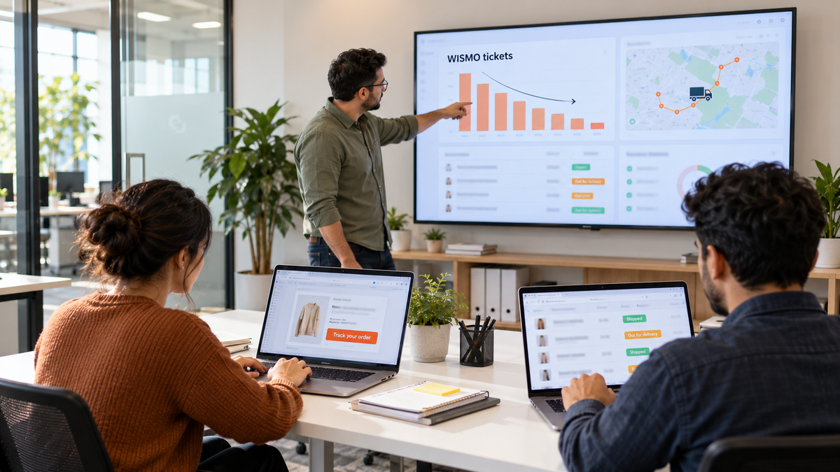 Support team reviewing a falling where is my order ticket chart and order tracking updates on a wall screen