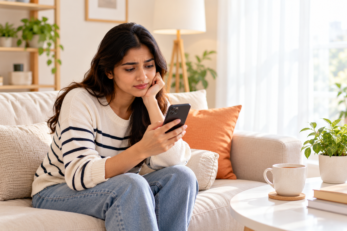 Customer looking at her phone, waiting for an update on her online order