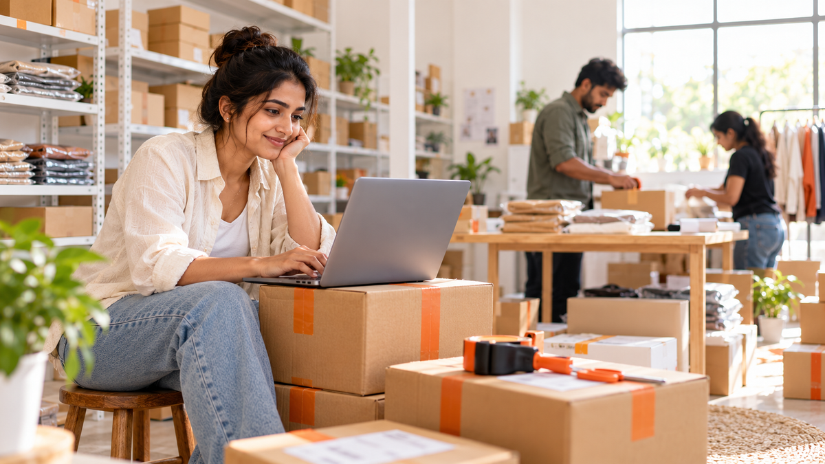 Online brand founder reviewing customer messages on a laptop in a bright stockroom with packed orders