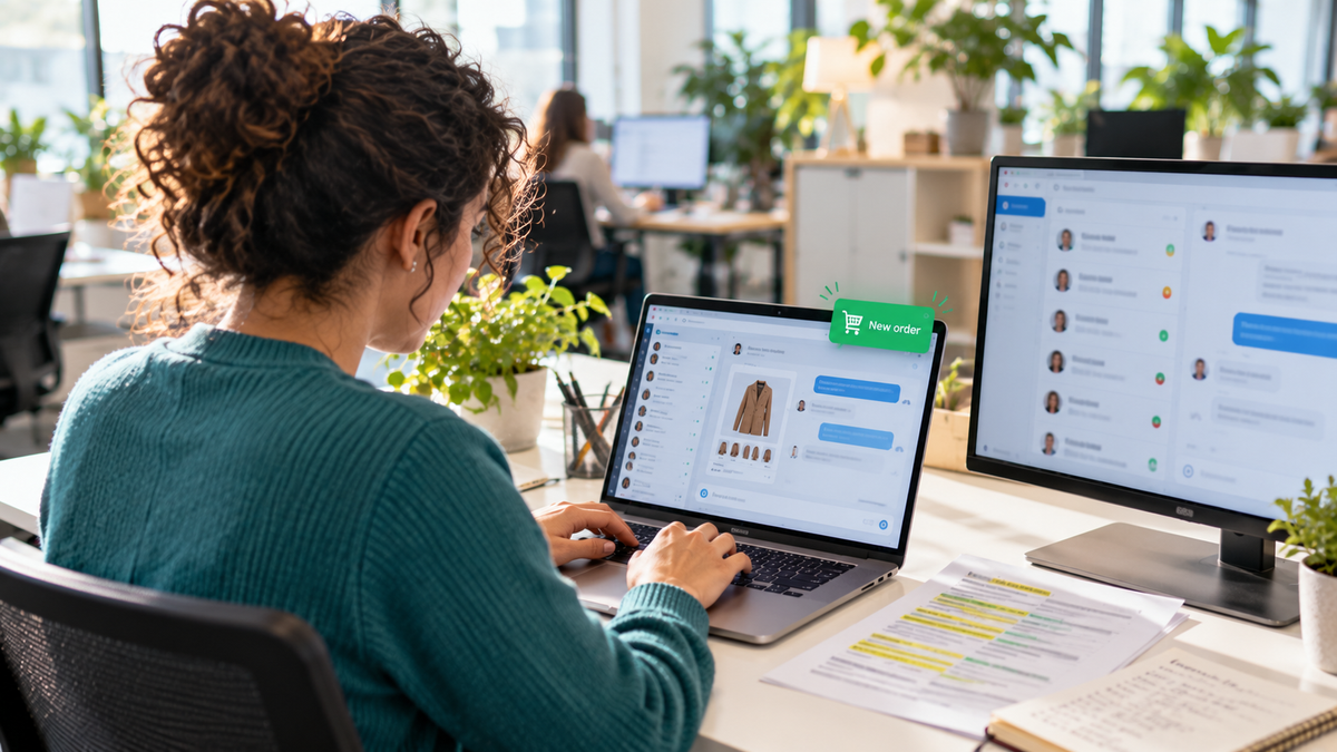 Live chat agent helping a shopper choose a size on a laptop as the chat turns into a new order