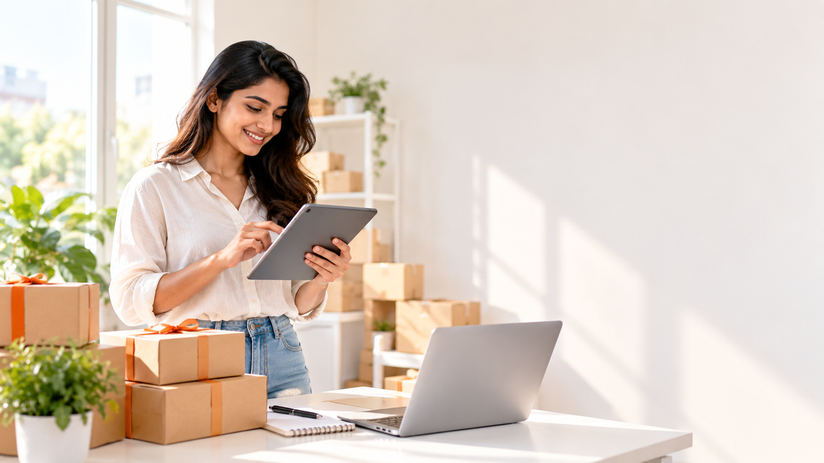 Online store owner checking a Black Friday checklist on a tablet next to packed shipping boxes