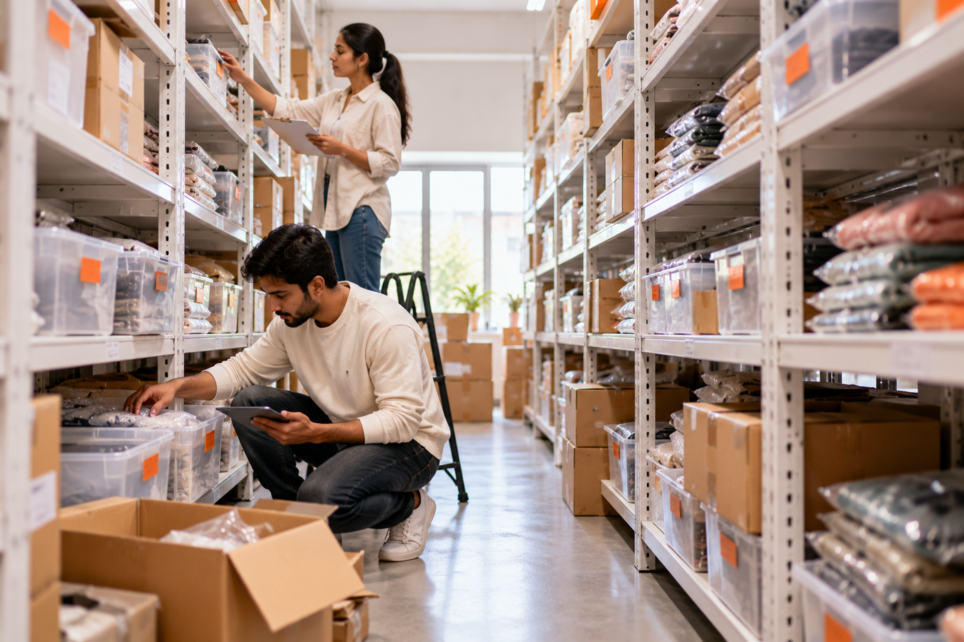 Store team counting stock on warehouse shelves before a Black Friday sale