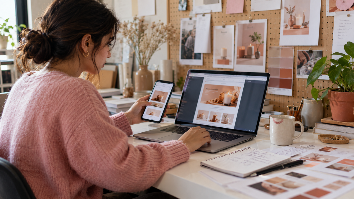 Email marketer designing a Black Friday sale email on a laptop with a phone preview in a creative studio