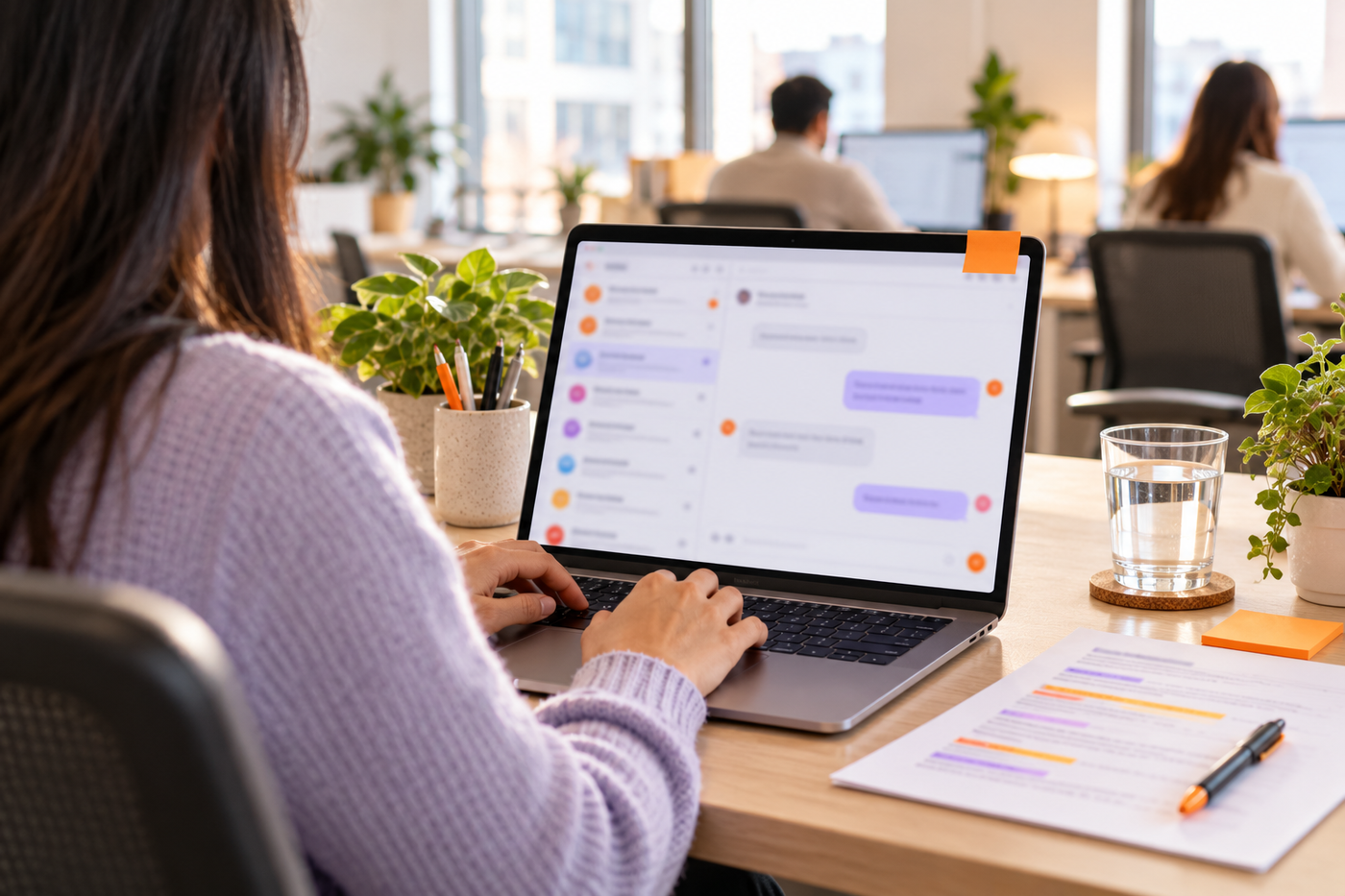Support agent answering ecommerce live chat messages on a laptop during a busy holiday sale