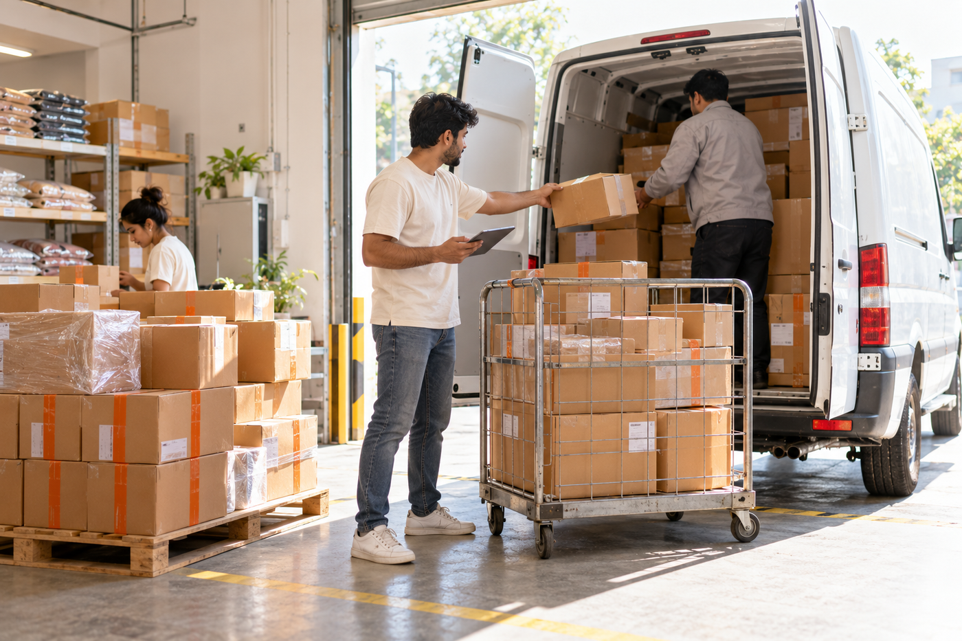 Courier collecting stacked parcels from a fulfilment centre during sale week