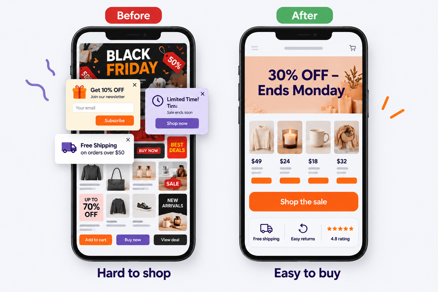 Before and after comparison of a cluttered and a clean Black Friday landing page on mobile