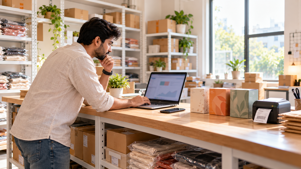 Brand owner managing orders from several sales channels on a laptop beside packed products