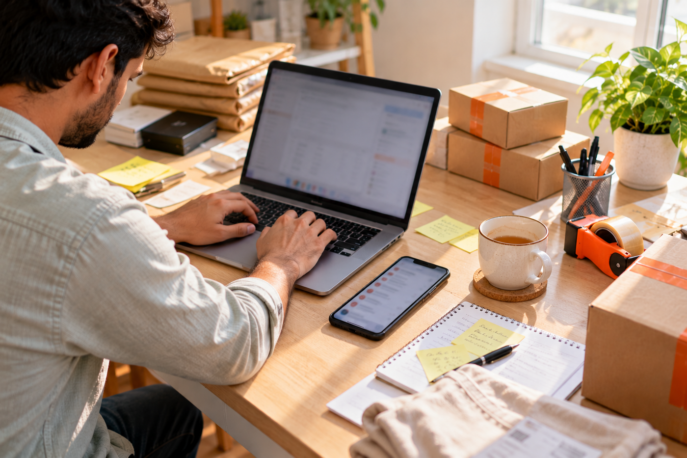 Busy store owner surrounded by parcels and notes while handling customer messages alone