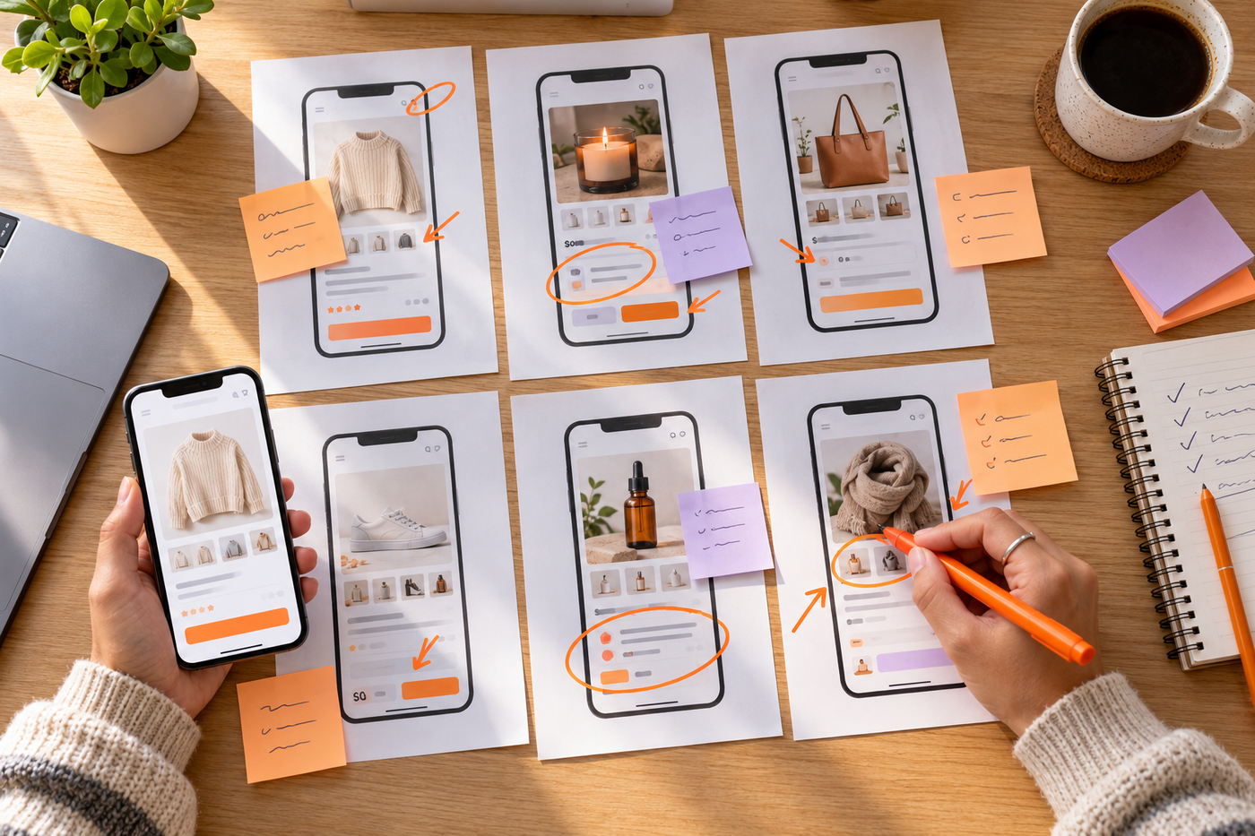 Printed mobile product page screenshots marked up with notes during a Black Friday conversion review