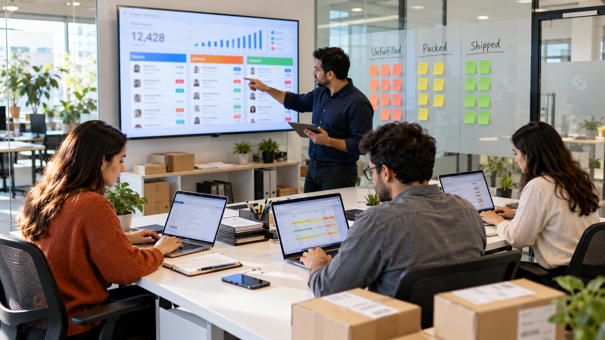 Ecommerce operations team managing a surge of Shopify orders on laptops and a live order board during Black Friday