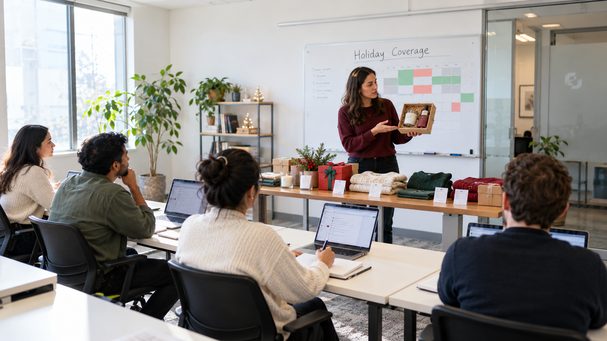 Outsourced support team being onboarded on a Shopify brand’s holiday products and shift coverage plan
