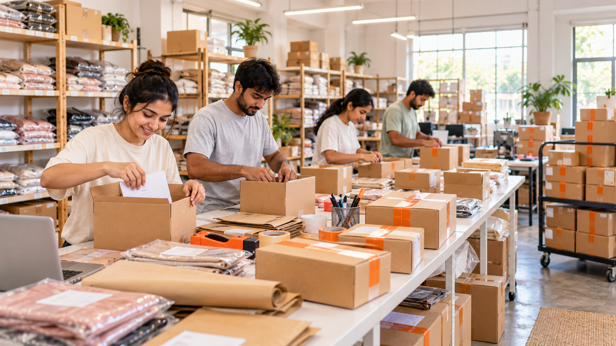 Packing team working through a big batch of online orders in a bright fulfilment room