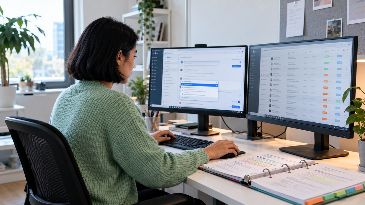 Support agent inserting a saved reply template into a helpdesk ticket during the Black Friday rush