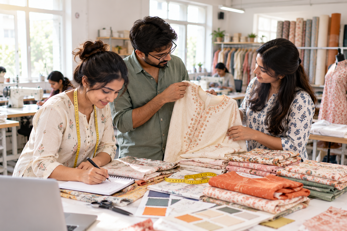Support team studying product samples at a small apparel workshop during onboarding
