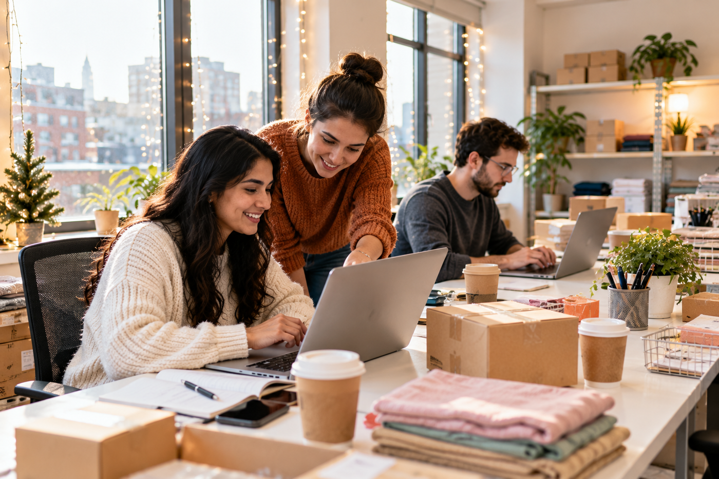 Online store team working through a busy Black Friday support inbox in a bright office