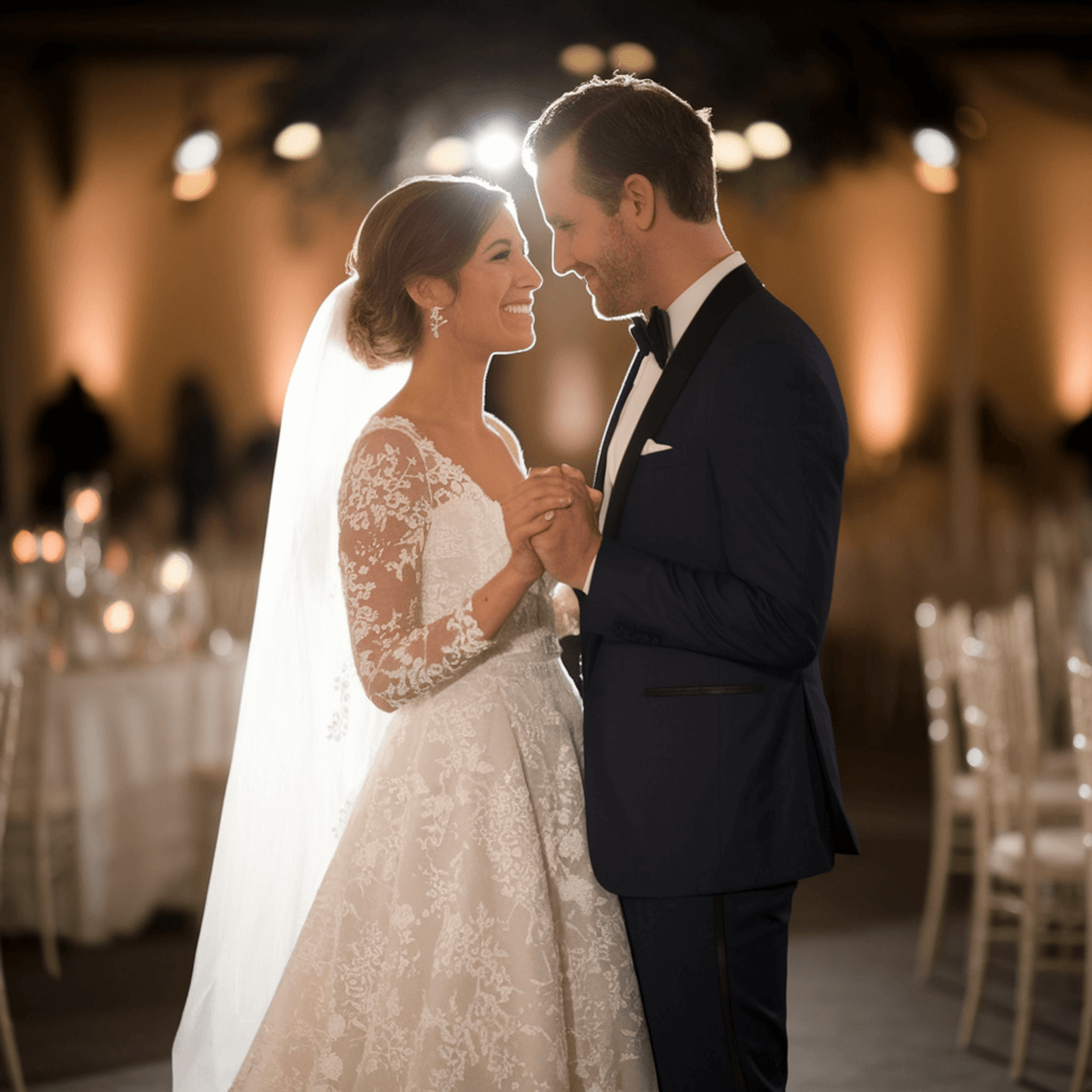 Couple standing forehead to forehead in formal clothing inside a reception room.