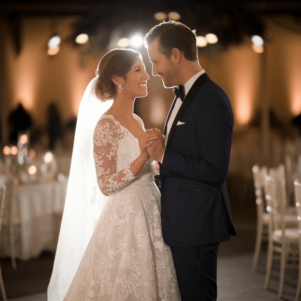Close Together Couple standing forehead to forehead in formal clothing inside a reception room.