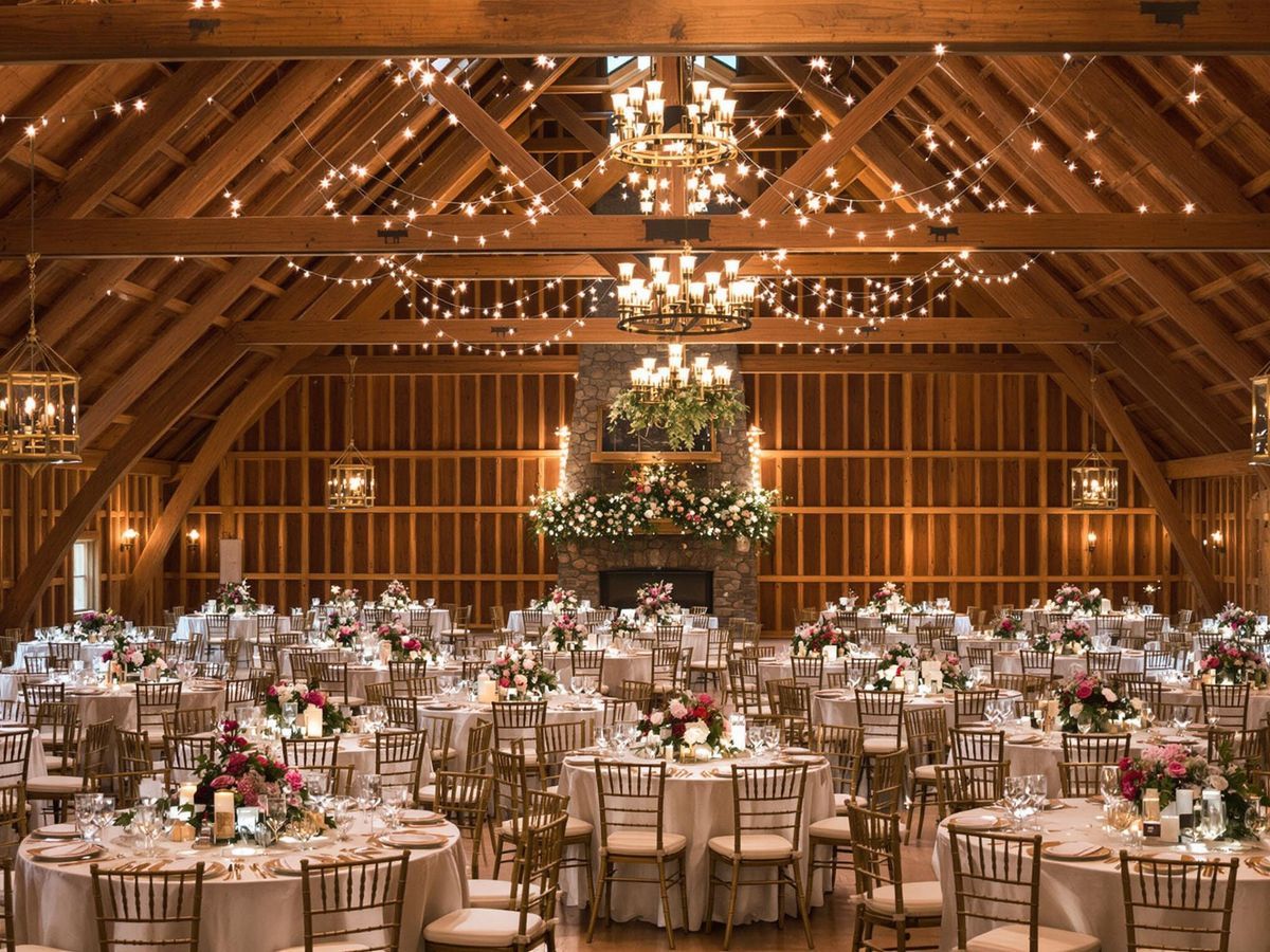 Timber Reception Hall Large timber hall arranged with round dining tables, flowers, and chandeliers.