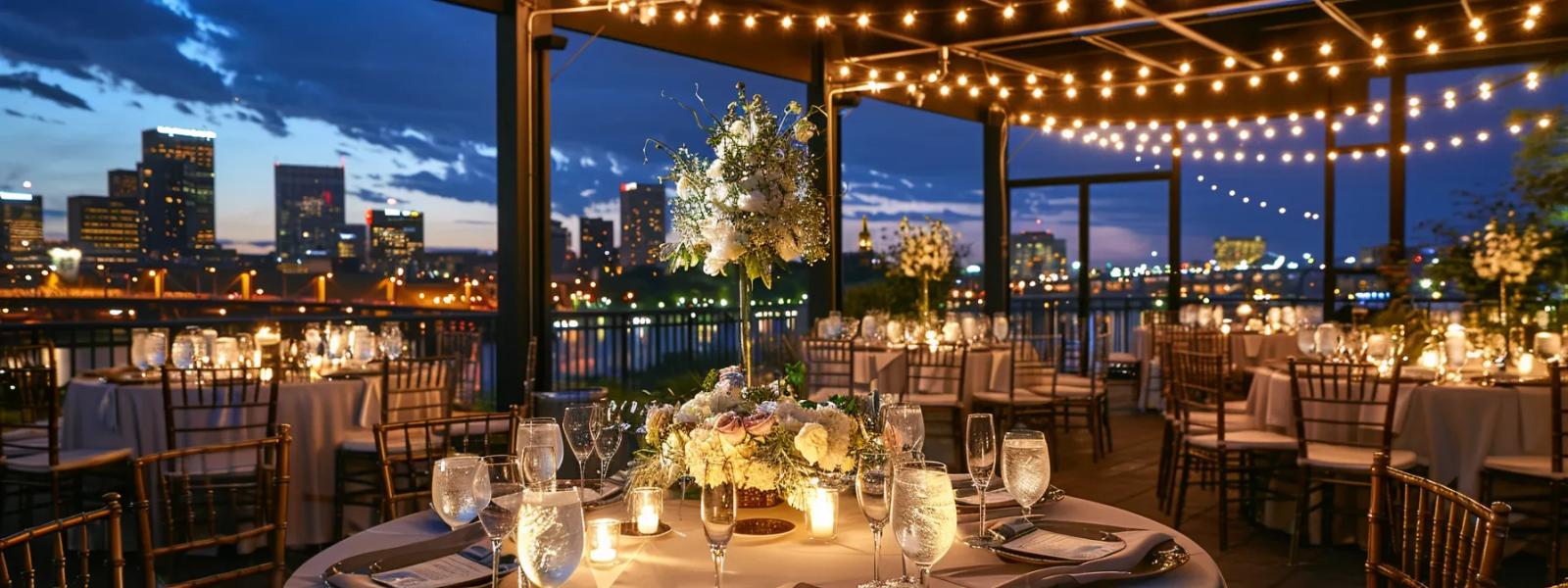 Rooftop dining tables beneath string lights with a city skyline beyond.