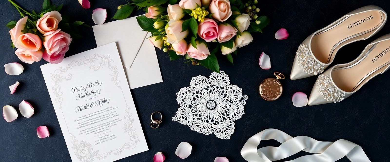 Flat lay of flowers, stationery, shoes, rings, ribbon, and lace on dark fabric.