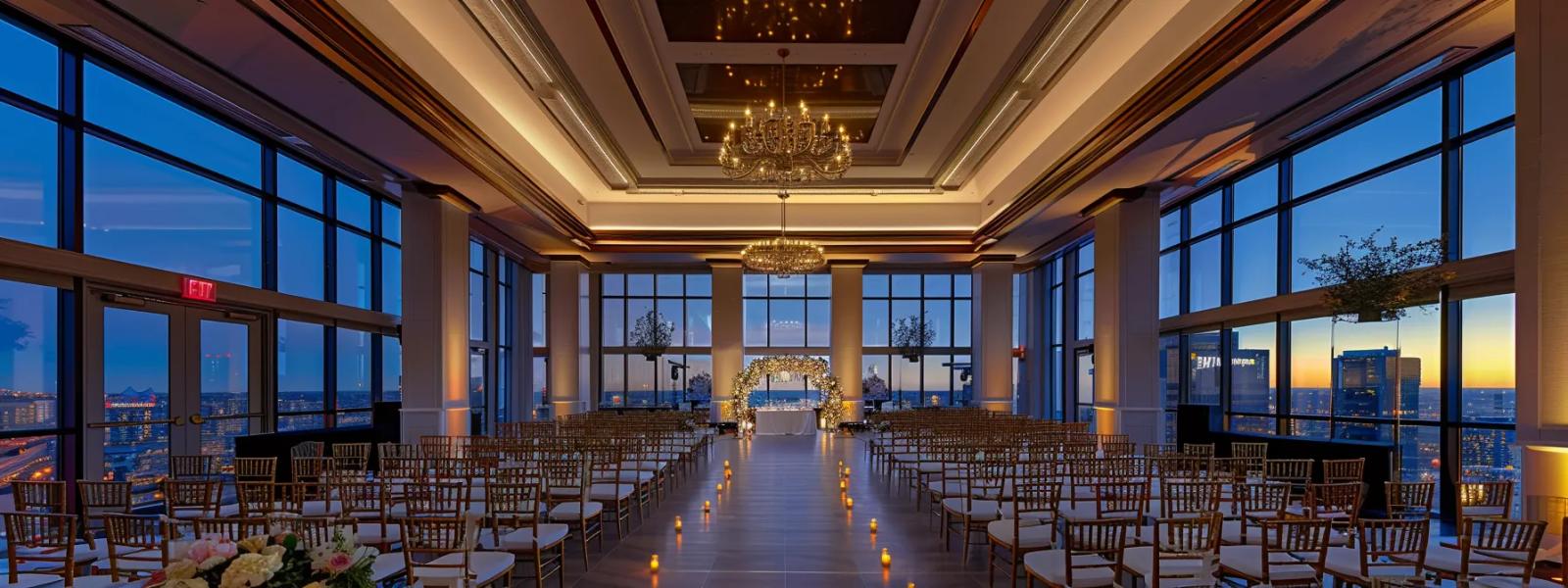 Empty event room with floor-to-ceiling windows, chandeliers, and rows of chairs.