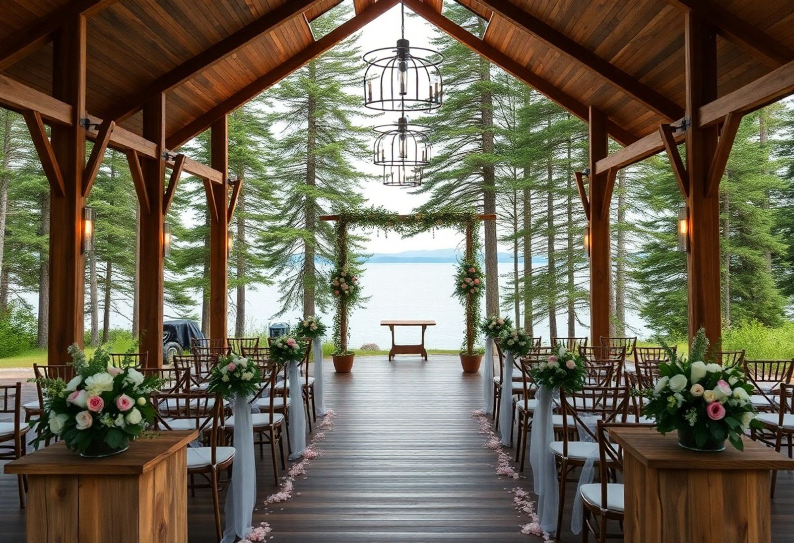 Empty wood-framed ceremony space facing water, decorated with flowers and greenery.