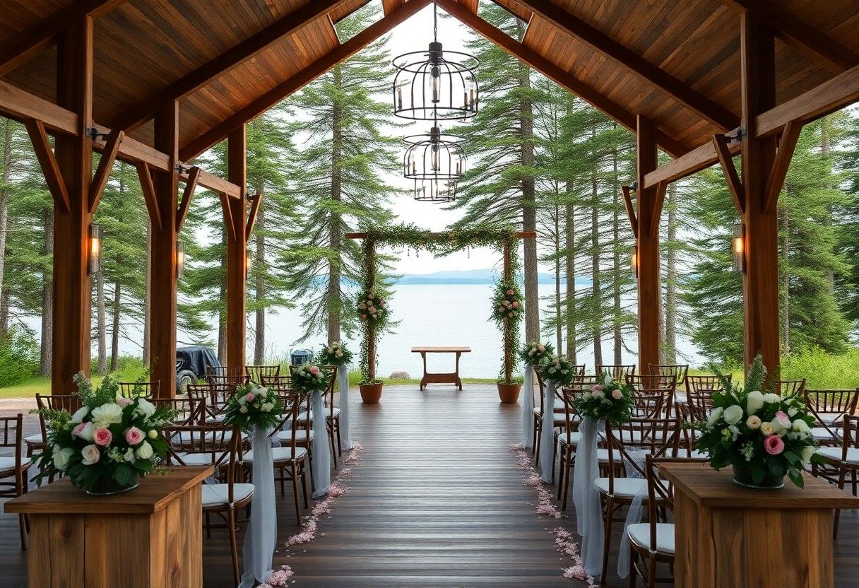 Waterside Ceremony Space Empty wood-framed ceremony space facing water, decorated with flowers and greenery.