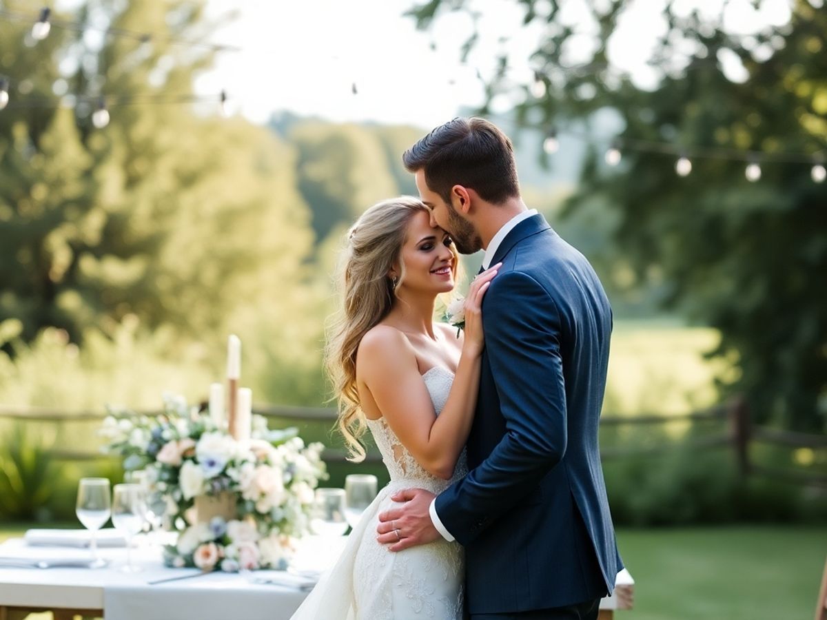 Outdoor Couple Couple in formal clothing standing close beside a flower-covered table outdoors.