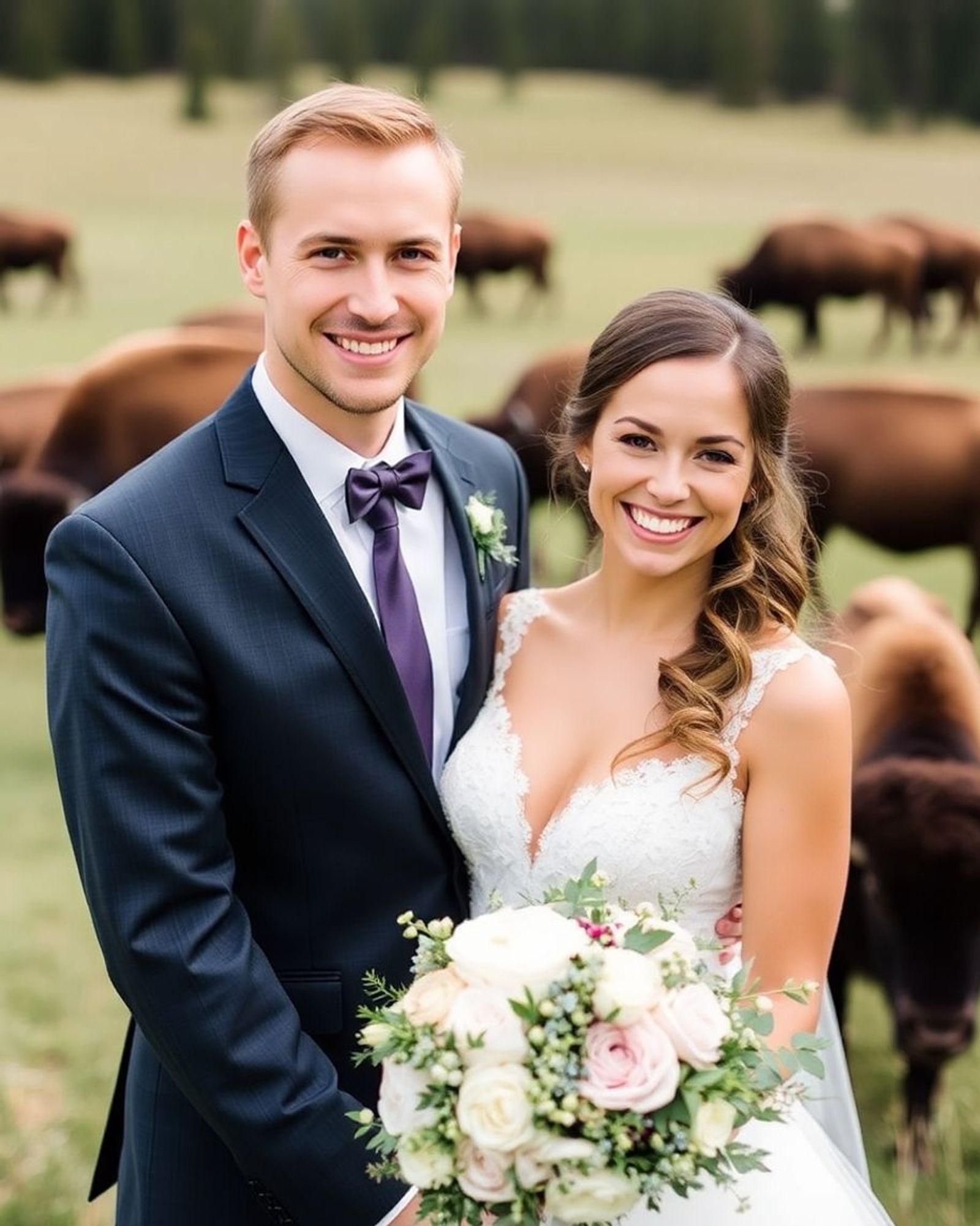 Couple in formal clothing posing outdoors with bison behind them.