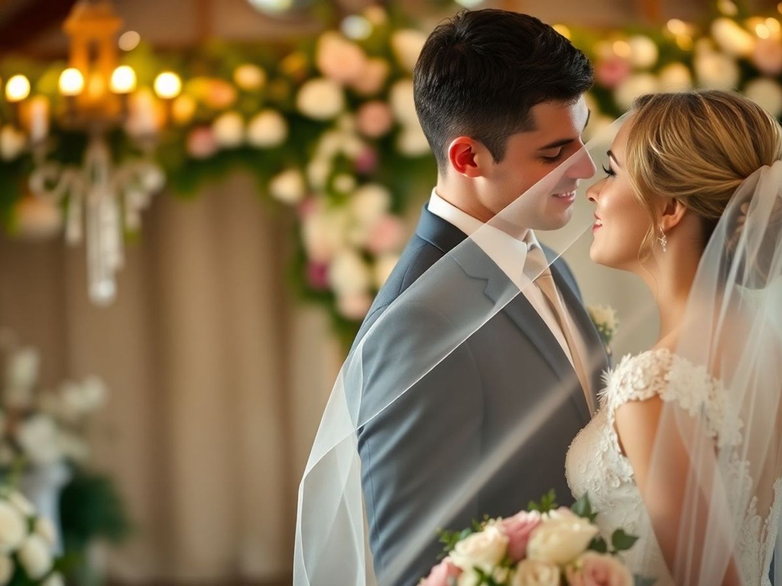 Close portrait of a couple in formal clothing facing each other beneath flowers.