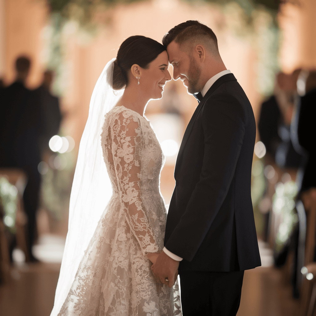 Ceremony Portrait Couple in formal clothing standing forehead to forehead during an indoor ceremony.